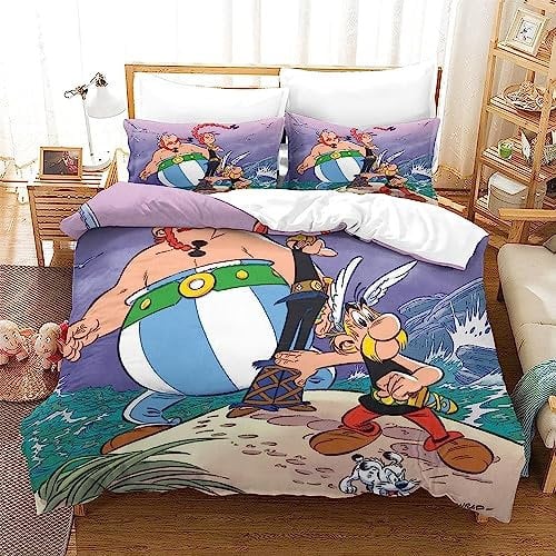 Zbeiba Bettwäsche 135x200 Bettbezug Set Astarix Anime Muster Bettwäsche Sets Weiche Mikrofaser Bettbezug 2 Kissenbezüge für Kinder Jugen(A4,135x200cm+2x80x80cm)