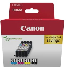 Canon CLI-581 C M Y BK Vorteilspack 4 Tintenpatronen (Schwarz, Cyan, Magenta, Gelb) Original [Umweltfreundliche Recycle-Kartonverpackung 2024]