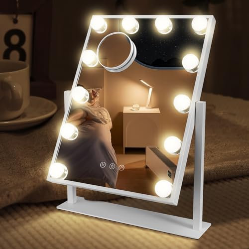 Yontwe Hollywood Spiegel mit Beleuchtung LED Typ-C und USB Ladeanschluss 12 Dimmer Leuchten 3 Lichtmodus Schminkspiegel mit Beleuchtung Hollywood Spiegel Wandmontage Weiß 40x30cm