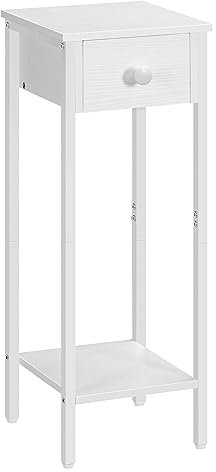 HOOBRO Slim Bedside Tables with Drawer, Small Side Table with Metal Frame, Tall Telephone Table for Small Spaces, Narrow Nightstand, Sturdy, White EWT771BZ01