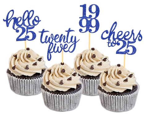 24 Stück Glitzer 25. Geburtstag Cupcake Toppers, Geburtstagsdeko 25 von 2000 für 25. Geburtstag Junge, 25 Geburtstagsfeier Zubehör Party Dekoration Kuchendekoration (Blau)
