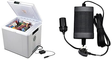 Koolatron Thermoelectric Iceless 12V Cool Box, 27L Electric Portable Cooler/Warmer, Car Refrigerator 230V AC to 12V DC Power Adapter Inverter/Converter with Circuit Breaker for Car Fridge