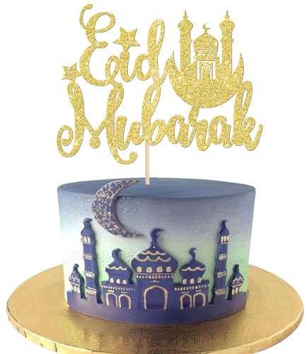 Xsstarmi 1 Pack Eid Mubarak Cake Topper Glitter Hajj Mubarak Eid Cake Pick for Islamic Muslim Eid Mubarak Festival Ramadam Kareem Party Cake Decorations Supplies Gold