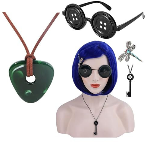 JinYu Blaue Perücken mit Bangs Knopf Augen Brille für Frauen Kurze Bob Perücke Cosplay Kostüm Halloween (set2)