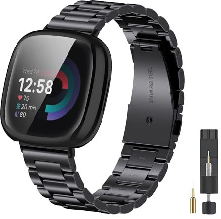 EZMVZKU Metall Armband mit Cover für Fitbit Versa 4/versa 3/Sense 2, Edelstahl Ersatzarmband Kompatibel mit Fitbit Sense 2/Sense/Versa 4 Uhrenarmband und Schutzhülle-black