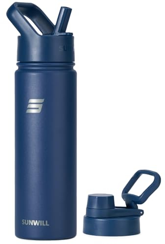 SUNWILL Stainless Steel Water Bottle with Straw, 650ml Insulated Water Bottle Metal, Leakproof Water Flask for Gym & Travel, Navy