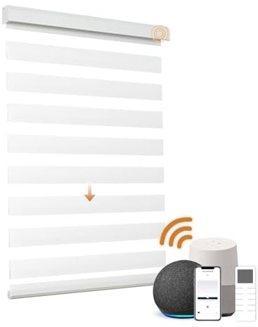 JOYENG Motorized Zebra Blinds Compatible with Alexa, Smart Dual Layer Shades with Privacy Light Control, Electric Horizontal Window Blind Customized Size for Home Office (Luxury White)