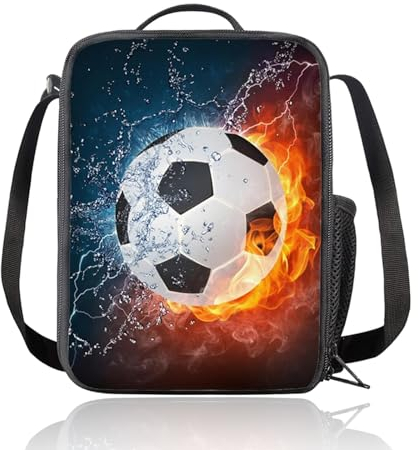 Insulated Football Lunch Bag with Drink Bottle Holder for Kids - Boys & Girls - Reusable Cooler for School, Picnic, Travel & Hiking