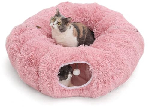 RYpetmia Plüsch-Katzentunnelbett für Indoor-Katzen mit weichem Kissen, Multi-Form-Spielhöhle mit hängenden Bällen, großer und Faltbarer Katzen-Donut-Tunnel für kleine und große Haustiere (Rosa)