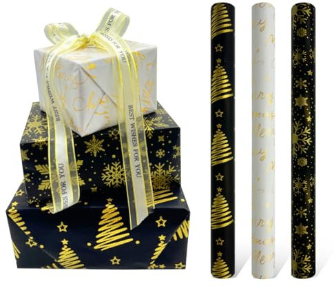 YUHGENWI Carta da regalo Natale: 3 design 43 cm x 3 m stampata con polvere d'oro albero di Natale fiocco di neve per incartare i regali