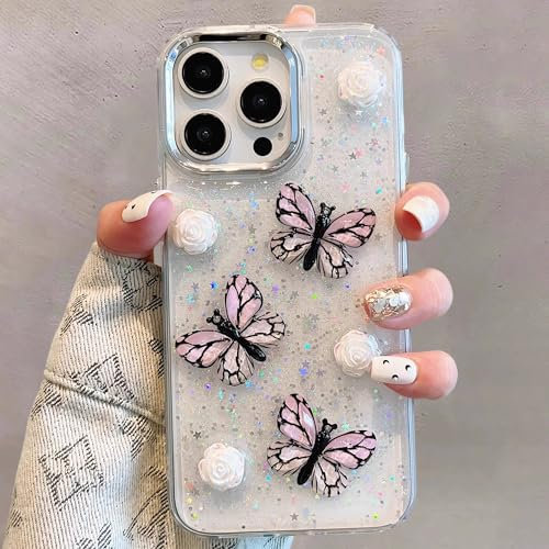 UEEBAI Case for iPhone 14 Pro Max, Clear Soft Pretty Cute Glitter Bling 3D Butterfly TPU Phone Case Slim Airbags Corners Non-Yellowing Shockproof Protective Bumper Silicone Cover for Women Girls, Pink