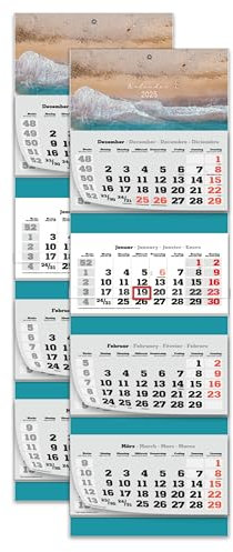 PRIMUS PRINT XXL Kalender 2025 - Mehrblock Wandkalender - 4-Monatskalender - Jahres Blockkalender - mit Datum Schieber - inklusive Feiertagen und Ferien - verschiedene Motive - [ 2x Strand ]