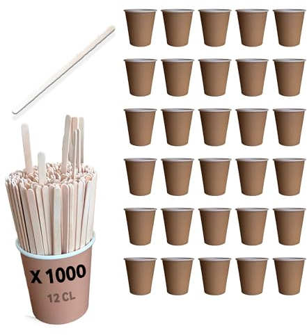 Table'Colors Pack 1000 gobelets en kraft 12 cl et 1000 touillettes en bois - Café - Boisson chaude - Capuccino - Expresso - Tasse - Verre en carton - Etanche - Agitateur - Fabriqué en France