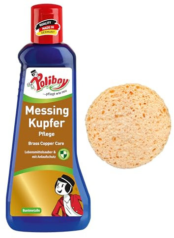 POLIBOY Messing Kupfer Pflege - Glanzpolitur gegen Anlaufstellen - Messingputzmittel mit Carnaubawachs - 1x 200 ml - Mit Schwamm - Made in Germany