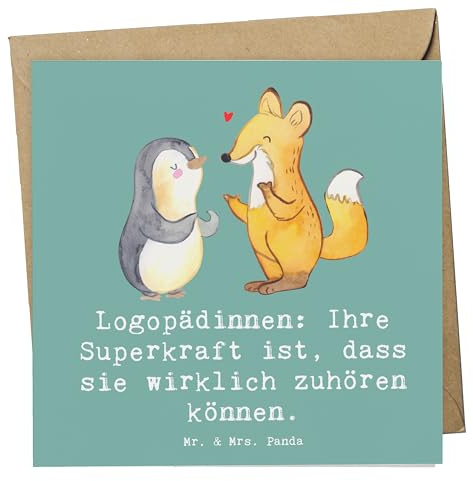 Mr. & Mrs. Panda Klappkarte Logopädin Superkraft - Geschenk, Logopädinnen, faltkarte, Berufe, Glückwunschkarte, Einfühlungsvermögen, Sprache verbessern, Geschenke für Berufstätige, anlasskarte, Beruf