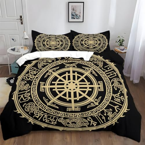 Bettwäsche 180x200cm Wikinger-Runen Kreisförmiges Muster Bettbezug Set, Weich Atmungsaktiv Polyester Baumwolle Bettwäsche 3 teilig, für Erwachsene Kinder mit 2 Kissenbezug 80x80 cm