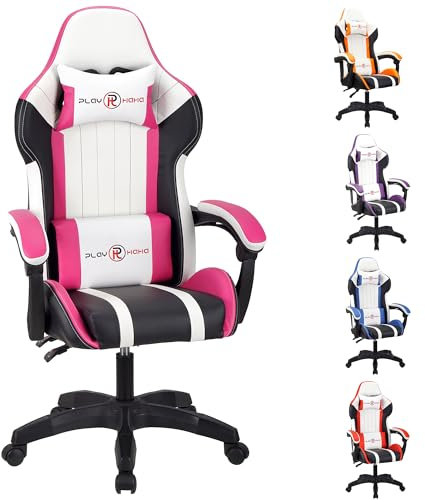 T-THREE.Ergonomic Leather Gaming Chair Height Adjustable with Headrest and Lumbar Support(Pink)