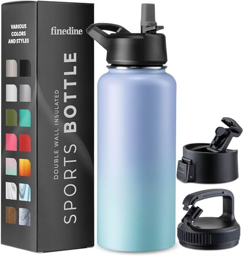 950 ML Triple Walled, Insulated Water Bottles with Straw - Stainless Steel Metal Bottle W/ 3 Leak Proof Lids - For Travel, School, Sports, Gym/Men, Women & Kids (Powder Steel Blue Blend)