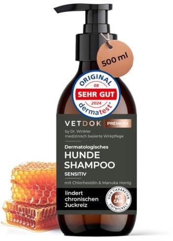 VetDok® Hundeshampoo sensitiv mit Chlorhexidin & Manuka-Honig – gegen Juckreiz, Hautprobleme & Geruch – rückfettend & parfümfrei – für Allergiker, Welpen & empfindliche Hunde – 500 ml
