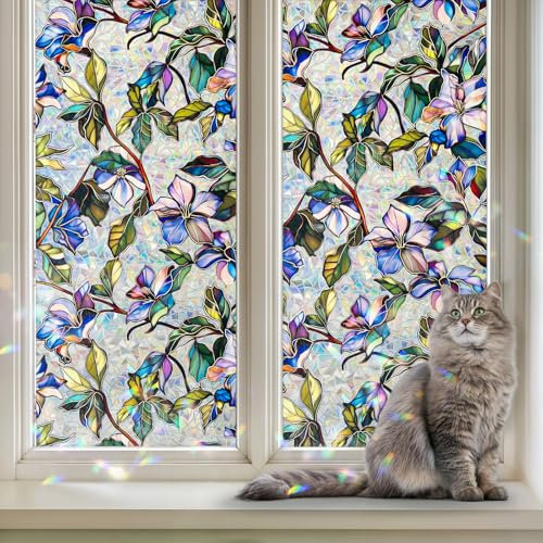 DARUITE Fensterfolie Blickdicht mit Regenbogeneffekt Statische Anti-UV Sichtschutzfolie Fenster Dekorative Fensterfolien für Wohnzimmer Küche Büro(Bauhinien, 43x100 cm)