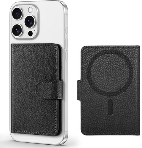 SHIELDON Magnetic Wallet, Genuine Leather, Card Holder with RFID Blocking, 6 Card Slots & ID Window, Slim Wallet with Magnetic Closure Compatible with iPhone 16 Pro/Max/Plus/15/14/13 - Pebbled Black