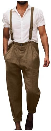 Salopette da uomo con bretelle e bretelle estive casual vintage cintura adjujstable salopette da lavoro pagliaccetto tuta lunga con tasche, Marrone, L