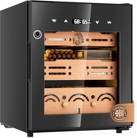FANKAI Elektrischer Humidor, Zigarrenschrank mit Temperatur- und Feuchtigkeitskontrollsystem, 50 l Kühlung für Zigarren bis zu 300 Counts, Zedernholzregale, digitaler LED-Bildschirm