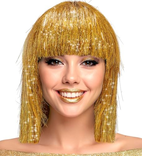 Metallic Damen Perücke Foxy Bob Pagenkopf mit Pony 70er 80er Disco Space-Girl Lametta Science Fiction Weltall Engel, Farbe:Gold