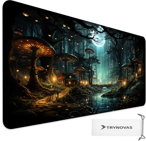 TRYNOVAS Mauspad XXL 90×40 cm (3mm) – Magischer Fantasy-Wald mit Leuchtpilzen – Großes Gaming Mousepad rutschfest, Genähte Ränder, Schreibtischunterlage für PC, Tastatur & Setup