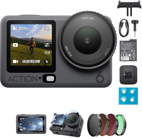 DJI Osmo Action 6 Combo Potenziato, action cam con sensore quadrato da 1/1,1″, fotocamera 4K apertura variabile da f/2,0 a f/4,0, autonomia estesa (Multiple accessories bundle)
