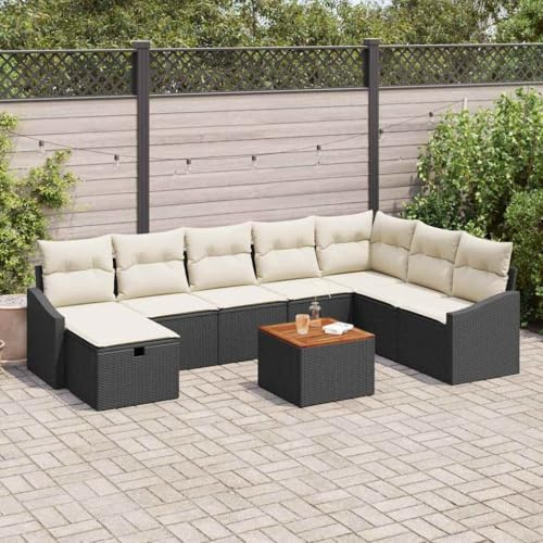 Owoxanthellate Gartenlounge Schwarz 9-Teilig 72,8 kg Poly Rattan wetterfest modular Akazienholz Details Eckbank Ottoman Tisch Sitzgruppe für Balkon Terrasse Garten