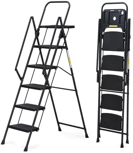 Escalera plegable de 5 escalones, color negro, antideslizante, altura 174 cm, capacidad 150 kg, resistente para casa, cocina y taller