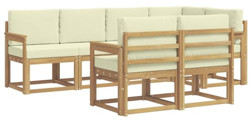 vidaXL Outdoor-Sofagarnitur mit Kissen 7 pcs Weiß und Creme Polyester, Stylisches Outdoor-Sofa-Set, Moderne Gartenmöbel, wetterfestes Akazienholz, modulares Sitzen für Terrasse und Lounge