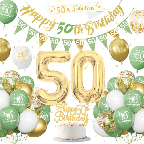 50 Geburtstag Deko Salbeigrüne, Deko 50. Geburtstag Frau Mann | Grün Weiß Gold Luftballons, Party Ballons mit Happy Birthday Flaggen, Tortendeko für 50. Dekoration