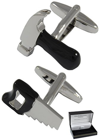 COLLAR AND CUFFS LONDON Manschettenknöpfe Herren DIY - Mit Box - Hammer und Säge - Langlebiges Messing - Silber und Schwarz Farben - DIY Werkzeug Zimmermann Builder Architekt - EIN Paar