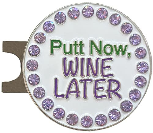 Giggle Golf Bling Golf Ball Marker with Magnetic Hat Clip – Putt Now Wine Later Sparkly Marker for Women Golfers – Fun Golf Gift with Organza Bag & Bonus Hand Cream