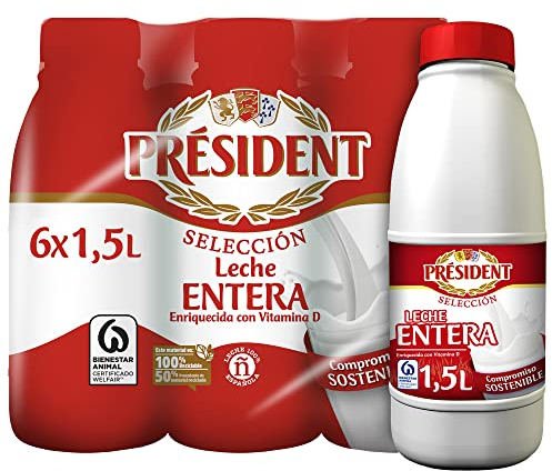 Président - Leche Entera con Vitamina D, Sin Gluten, Sin azúcares añadidos, Sabor Natural y Cremoso - Pack 6x1,5L