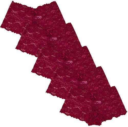 Yenita Women Lace Hipster, 5er Set Damen Spitzen Panties aus weichem tranzparenten Spitzengewebe, Bordeaux, Gr. XL