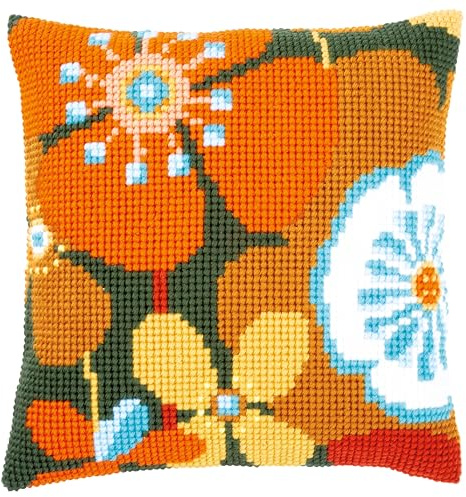 Vervaco PN-0156667 Retro Flowers II Cross Cushion Pre-Printed Cotton, Multi-Colour, 40 x 40 cm