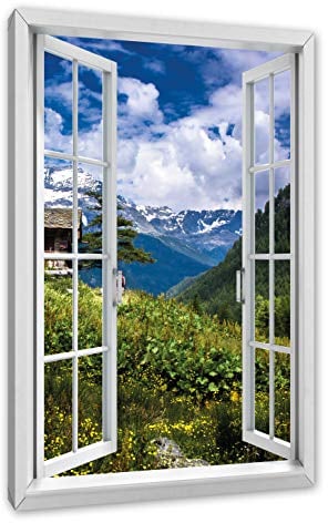 Pixxprint Wunderschöne Berghütte, Fensterbild, Größe: 80x60cm, Leinwandbild, fertig gespannt, Wandbild, Dekoration, Kunstdruck, kein Poster
