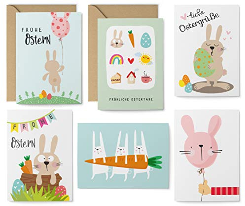 KuschelICH Osterkarten-Set 16 Teile - 8 Postkarten, 4 Klappkarten, 4 Kraftpapierumschläge - 6 unterschiedliche Motive je 2 Stück (Bunt)