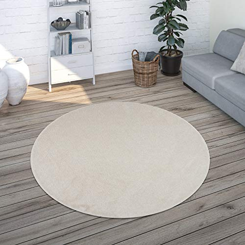 Paco Home Teppich Wohnzimmer Schlafzimmer Esszimmer Kurzflor Moderne Optik Einfarbig Pastell, Grösse:160 cm Rund, Farbe:Creme