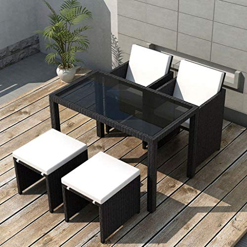 Tidyard 5-tlg. Garten-Essgruppe mit Auflagen Loungegruppe Set Gartengarnitur Sitzgruppe Lounge Garnitur Gartenmöbel Set Esstisch Gartengruppe Rattan Set Tisch und Stuhl Set Poly Rattan Schwarz
