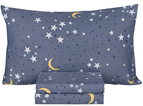 Scientific Sleep Moon & Stars Boys Girls 100% Cotton 3 Pcs Twin Bed Sheet Set Kids Toddler Teen, Flat Sheet & Fitted Sheet & Pillowcase Kids Bedding Set
