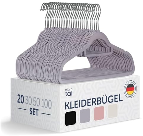 Blumtal Kleiderbügel 20 Stück - Kleiderbügel Samt 360° drehbar und belastbar - Kleiderbügel platzsparend und rutschfest - Kleiderbügel Grau mit Samtbezug - Samtbügel - Kleiderbügel Samt Grau - Hangers