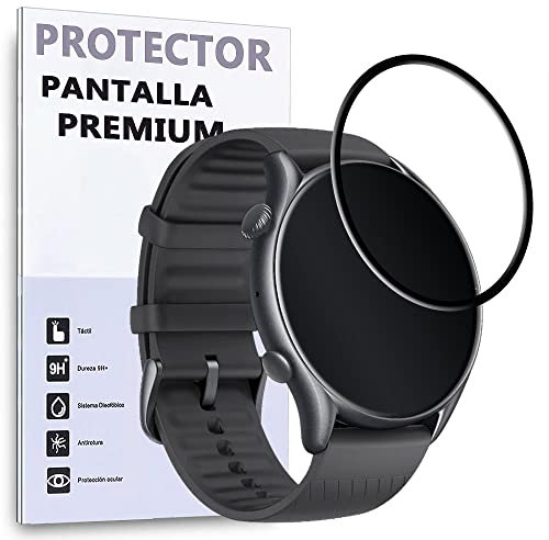 REY Protector de Pantalla Curvo para AMAZFIT GTR 3 PRO, Negro, 3D / 4D / 5D, Anti Roturas