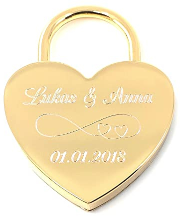 Liebesschloss24 Herzschloss Gold mit persönlicher Diamant-Gravur 1 Schlüssel Gratis Geschenkbeutel Romantisches Geschenk