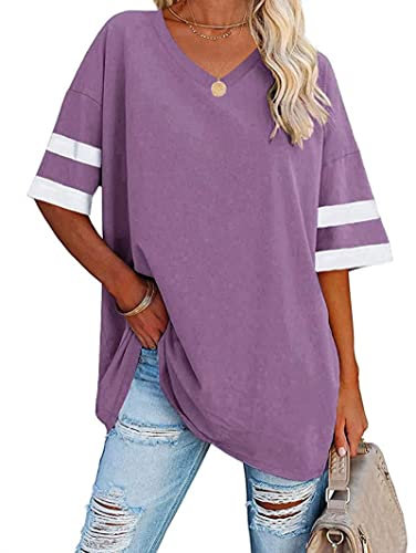 Famulily Women's Comfy T Shirt Loose Fitting Tee Shirts Ladies V Neck Half Sleeve Tunic Tops Purple L