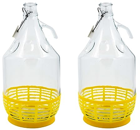 WYSKONT Bouteille de vin Ballon à col étroit avec Couvercle pivotant et Panier pour Le Stockage de Boissons fermentées en Verre Transparent, hermétique, Lot de 2 x 5 l