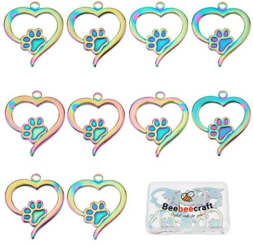 Beebeecraft 1 Box 10 Stück Hundepfoten-Anhänger, Edelstahl, Regenbogenfarbenes Herz Mit Hunde-Fußabdruck-Anhängern Für DIY-Schmuckherstellung, Halskette, Armband, Schlüsselanhänger